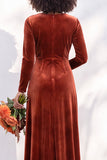 Terracotta Velvet V Neck Front Twist Long Sleeve Bridesmaid Dress