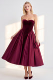 Sweetheart Velvet Burgundy Satin A Line Midi Dress