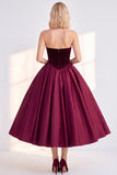 Sweetheart Velvet Burgundy Satin A Line Midi Dress