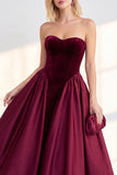 Sweetheart Velvet Burgundy Satin A Line Midi Dress
