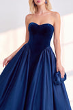 Sweetheart Velvet Burgundy Satin A Line Midi Dress