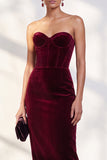 Dark Blue Strapless Corset Sheath Velvet Dress