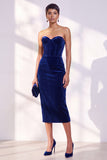 Dark Blue Strapless Corset Sheath Velvet Dress