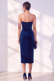 Dark Blue Strapless Corset Sheath Velvet Dress
