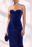 Dark Blue Strapless Corset Sheath Velvet Dress