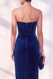 Dark Blue Strapless Corset Sheath Velvet Dress