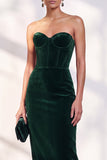 Dark Blue Strapless Corset Sheath Velvet Dress