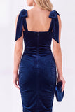 Dark Purple Ruched Square Neck Bow-Strap Velvet Dress