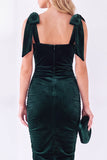 Dark Purple Ruched Square Neck Bow-Strap Velvet Dress
