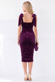 Dark Purple Ruched Square Neck Bow-Strap Velvet Dress