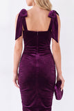 Dark Purple Ruched Square Neck Bow-Strap Velvet Dress