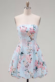 Cute Blue Strapless Floral A Line Short Homecoming Dress