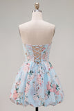 Cute Blue Strapless Floral A Line Short Homecoming Dress