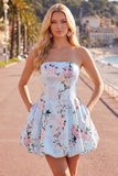 Cute Blue Strapless Floral A Line Short Homecoming Dress