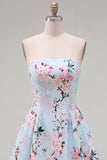 Cute Blue Strapless Floral A Line Short Homecoming Dress