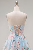 Cute Blue Strapless Floral A Line Short Homecoming Dress