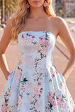 Cute Blue Strapless Floral A Line Short Homecoming Dress