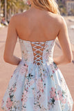 Cute Blue Strapless Floral A Line Short Homecoming Dress
