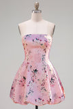 Cute Blue Strapless Floral A Line Short Homecoming Dress
