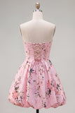 Cute Blue Strapless Floral A Line Short Homecoming Dress