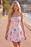 Cute Blue Strapless Floral A Line Short Homecoming Dress