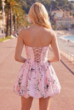 Cute Blue Strapless Floral A Line Short Homecoming Dress