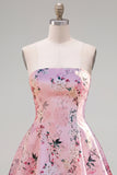 Cute Blue Strapless Floral A Line Short Homecoming Dress