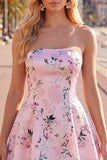 Cute Blue Strapless Floral A Line Short Homecoming Dress