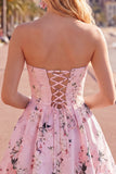 Cute Blue Strapless Floral A Line Short Homecoming Dress