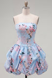 Strapless A Line Floral Satin Pink Homecoming Dress