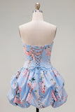 Strapless A Line Floral Satin Pink Homecoming Dress