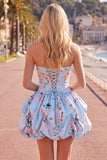 Strapless A Line Floral Satin Pink Homecoming Dress
