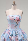 Strapless A Line Floral Satin Pink Homecoming Dress