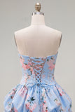 Strapless A Line Floral Satin Pink Homecoming Dress