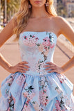 Strapless A Line Floral Satin Pink Homecoming Dress