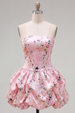 Strapless A Line Floral Satin Pink Homecoming Dress