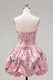 Strapless A Line Floral Satin Pink Homecoming Dress