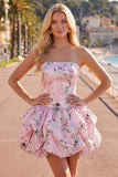 Strapless A Line Floral Satin Pink Homecoming Dress