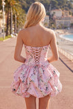 Strapless A Line Floral Satin Pink Homecoming Dress