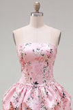 Strapless A Line Floral Satin Pink Homecoming Dress