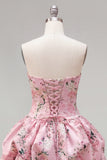 Strapless A Line Floral Satin Pink Homecoming Dress