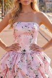 Strapless A Line Floral Satin Pink Homecoming Dress