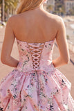 Strapless A Line Floral Satin Pink Homecoming Dress