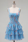 Dark Blue A Line Floral Corset Tiered Ruffle Short Homecoming Dress