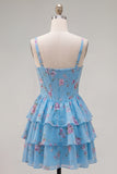 Dark Blue A Line Floral Corset Tiered Ruffle Short Homecoming Dress