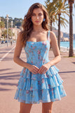 Dark Blue A Line Floral Corset Tiered Ruffle Short Homecoming Dress