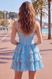 Dark Blue A Line Floral Corset Tiered Ruffle Short Homecoming Dress