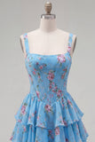 Dark Blue A Line Floral Corset Tiered Ruffle Short Homecoming Dress