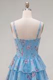 Dark Blue A Line Floral Corset Tiered Ruffle Short Homecoming Dress