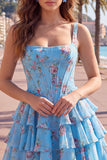 Dark Blue A Line Floral Corset Tiered Ruffle Short Homecoming Dress